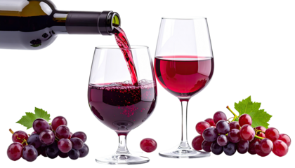 Red wine being poured into two glasses, with grapes