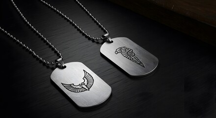 Two Dog Tag Necklaces on Dark Reflective Surface, Angled Dog Tags with Chains Fanned Out, Stylish Metal Dog Tag Jewelry Display, Close-Up of Necklace Accessories on Dark Background, Modern Dog Tag Nec