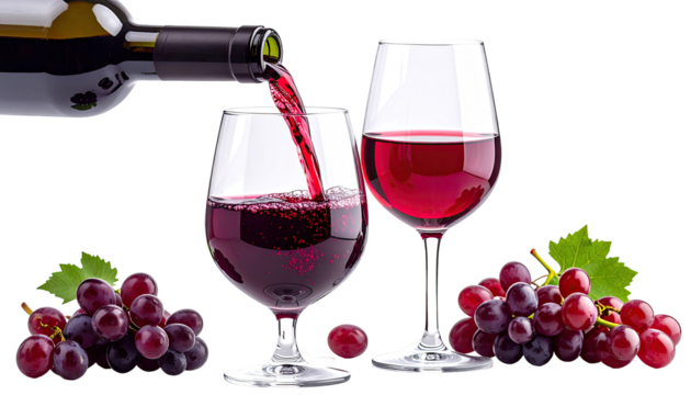 Red wine being poured into two glasses, with grapes