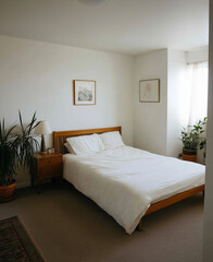 a small and simple bedroom, with a wooden bed headboard and a bedside table on the left side. the walls are white, and there is a carpet under the bed. a window is behind the wall