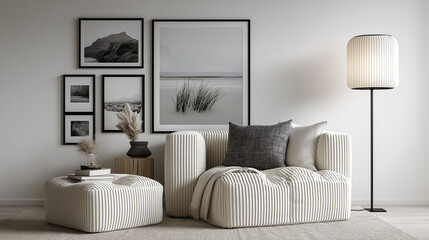 a white striped sofa, a floor lamp, a small photo wall with black and white photos, white walls in the background, a white fabric sofa with two cushions on top of each other