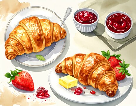 Croissants with jam and butter, fresh strawberries