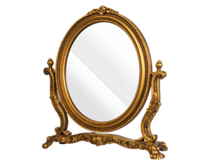 Vintage Ornate Gold Vanity Mirror with Stand, Angled Side View, isolated on transparent background.