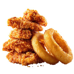 Crispy fried chicken pieces and onion rings