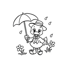 Obraz premium Cute cartoon duckling wearing a hat and holding an umbrella in the rain