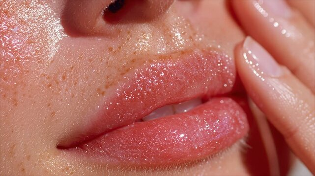 Detailed Mouth Area of Woman, Soft Hydrated Texture and Subtle Glitter Shine