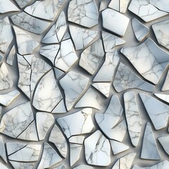 A seamless mosaic background with glossy, shattered white and grey marble fragments arranged in a stylish, modern pattern with visible cracks and veins.