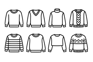 Clothing silhouette icon set. featuring sweater, pullover, jumper, turtleneck, and v-neck designs.