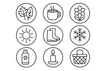 Fototapeta premium Seasons and essentials linear icon set. featuring leaves, mug, flower, sun, boots, snowflake, sunscreen, candle, and basket