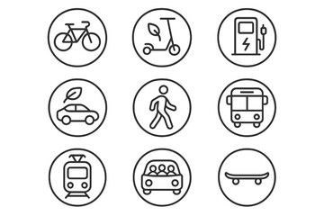 Transportation linear icon set. featuring bicycle, scooter, charging station, car, pedestrian, bus, tram, carpool, skateboard symbols