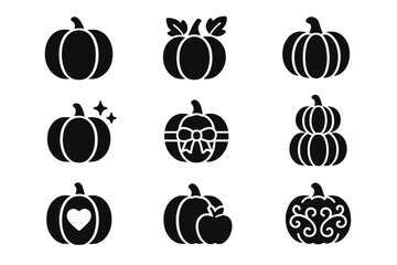 Halloween silhouette icon set. featuring pumpkin, leaves, vine, sparkle, ribbon, stacked, heart, apple, and swirl designs