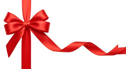 Bright Red Satin Ribbon with Bow on White Background, Lustrous Red Ribbon with Flowing Bow, Decorative Satin Ribbon with Symmetrical Bow, Elegant Red Ribbon Accessory with Wavy Tail, Top View of Vibra