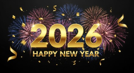 Golden 2026 happy new year text with colorful fireworks and confetti celebration