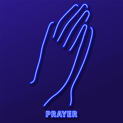 prayer hand neon sign, modern glowing banner design, colorful modern design trends. Vector illustration.