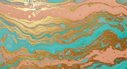 Elegant fluid art design featuring gold turquoise and peach marbling texture
