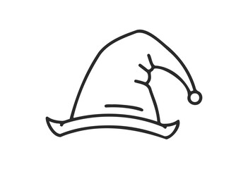 Black and white witch hat outline with curved tip and small ball - stock vector