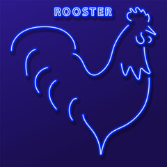rooster neon sign, modern glowing banner design, colorful modern design trends. Vector illustration.