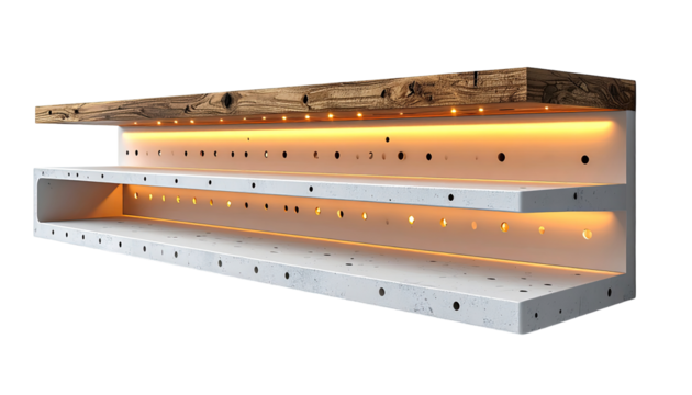 Modern shelving unit with wood top and LED lighting