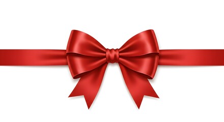 Red Satin Bow with Horizontal Ribbon on White Background, Elegant Red Ribbon with Lustrous Satin Bow, Classic Full Red Bow with Smooth Satin Texture, Decorative Red Bow with Flowing Ribbon Ends, Top-C