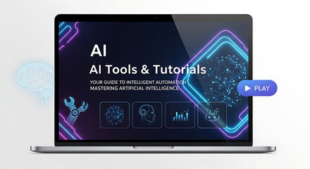 Ai tools and tutorials presentation on a laptop screen, technology concept