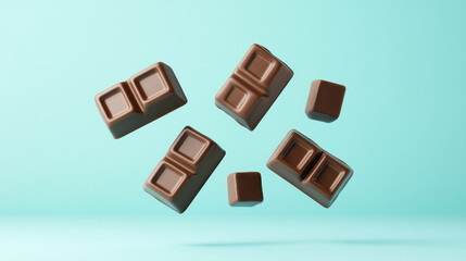 Chocolate bar pieces floating on blue background, smooth texture and rich brown color evoke delicious and tempting feeling