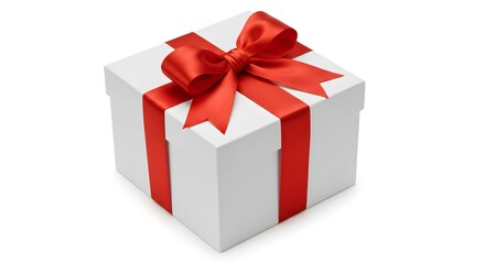 Obraz premium Pristine White Gift Box, Satin Ribbon Elegance, Symmetrical Bow Design, Luxurious Festive Charm, Radiant Red Presentation