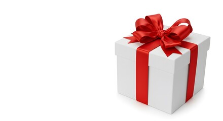 Obraz premium Pristine White Gift Box, Satin Ribbon Elegance, Symmetrical Bow Design, Luxurious Festive Charm, Radiant Red Presentation