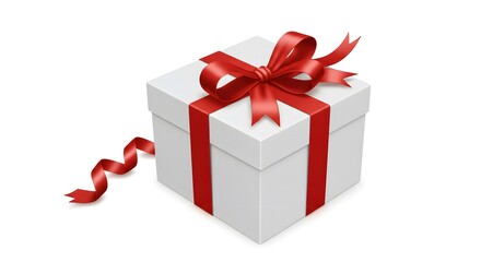 Obraz premium Pristine White Gift Box, Satin Ribbon Elegance, Symmetrical Bow Design, Luxurious Festive Charm, Radiant Red Presentation