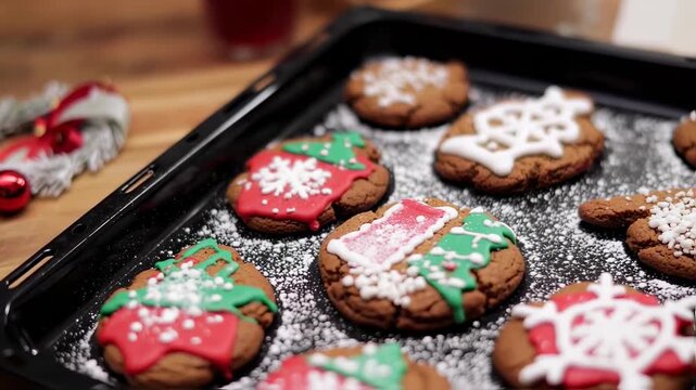 Festive gingerbread cookies decorated with icing and sprinkles, on a baking sheet