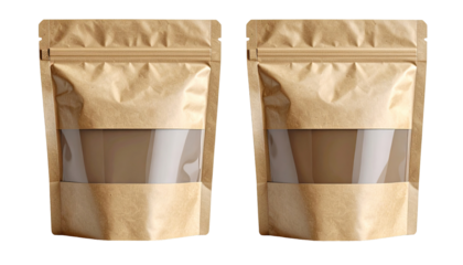 Two brown kraft paper pouches with clear plastic windows