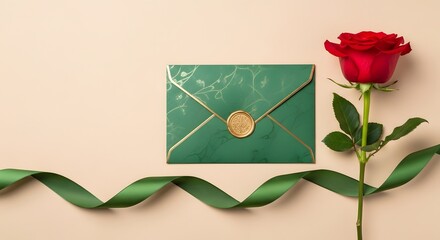 Elegant Green Envelope with Red Rose and Ribbon A Romantic Note