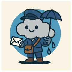 Rainy Day Mailman with Umbrella and Letter