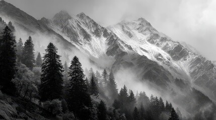 Dramatic snow-capped mountains shrouded in mystical fog, with dark evergreen trees in the foreground, evoking adventure and solitude.