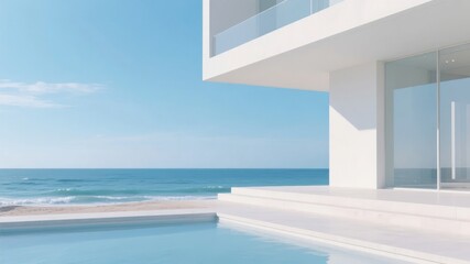 Fototapeta premium Modern white architectural structure with infinity pool overlooking the ocean under a clear blue sky