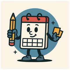 Planner Calendar Mascot with Pencil and Sticky Note