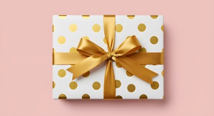 Polka Dot Elegance, White and Gold Celebration, Satin Ribbon Charm, Festive Gift Box Design, Clean Decorative Style