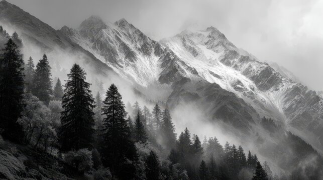 Dramatic snow-capped mountains shrouded in mystical fog, with dark evergreen trees in the foreground, evoking adventure and solitude.