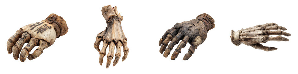 four realistic creepy hands displayed separately on transparent background