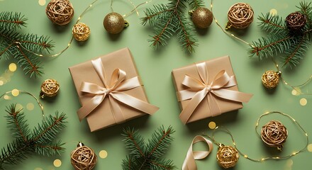 An elegant flat lay of Christmas gifts and festive decorations in a harmonious gold and green palette.