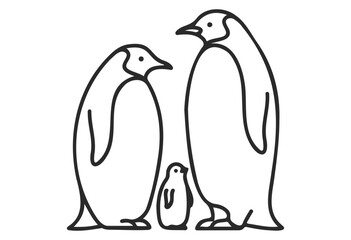 Line art of emperor penguin family with chick in minimalist style - stock vector