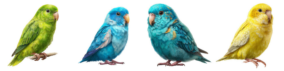 Naklejka premium Colorful parakeets in vibrant hues green blue yellow on transparent background