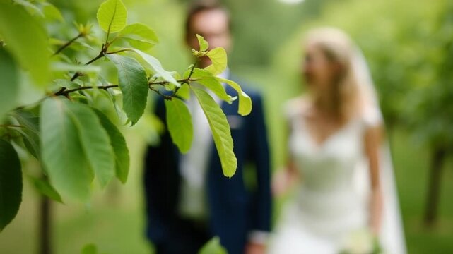 Close up of green tree leaves swaying in the wind. Action. Blurred bride and groom after their wedding ceremony.