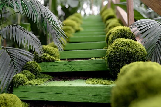 Lush green stairway in tropical jungle with moss-covered steps and foliage