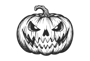 Spooky jack-o'-lantern with sinister face - halloween black and white sketch - stock vector