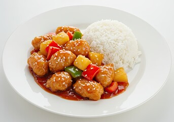 Sweet and Sour Chicken with Rice on White Background 