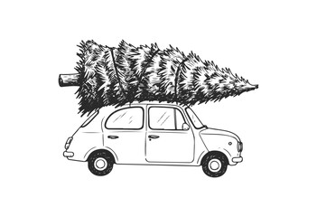 Vintage car transporting christmas tree on roof in black and white illustration - stock vector