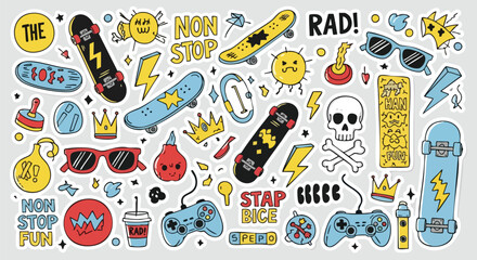 Dynamic sticker set showcasing skateboards, gaming, and fun, designed for youthful energy © Elsa