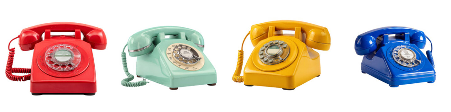 vintage rotary telephones in red green yellow blue colors on transparent background