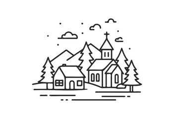 Fototapeta premium Minimalist black and white mountain scene with church and trees - stock vector