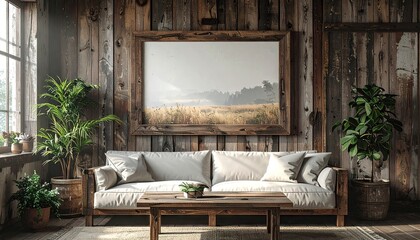 Obraz premium Rustic living room with a framed landscape painting, a light beige sofa, and wooden accents creates a serene and cozy ambiance.